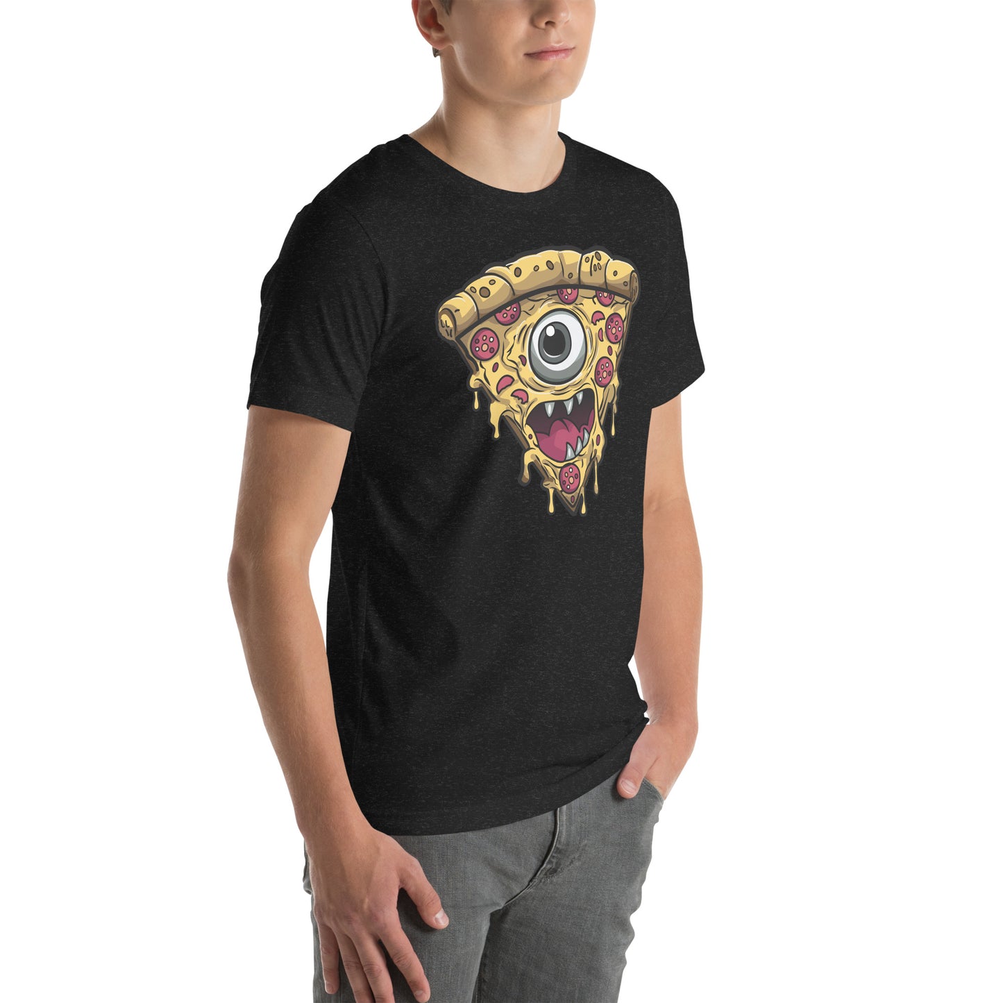 Pizza slice with psychic eye in zombie comic style art unisex t-shirt