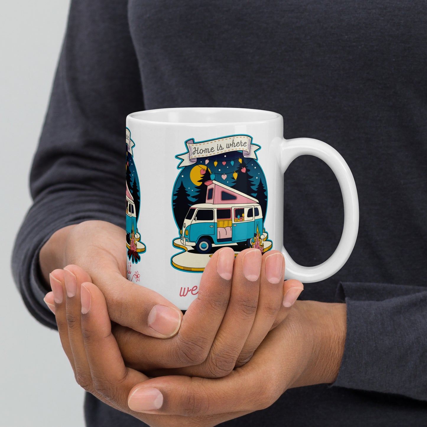 Home Is Where We Park It - Retro Camper Van Adventure Design glossy mug