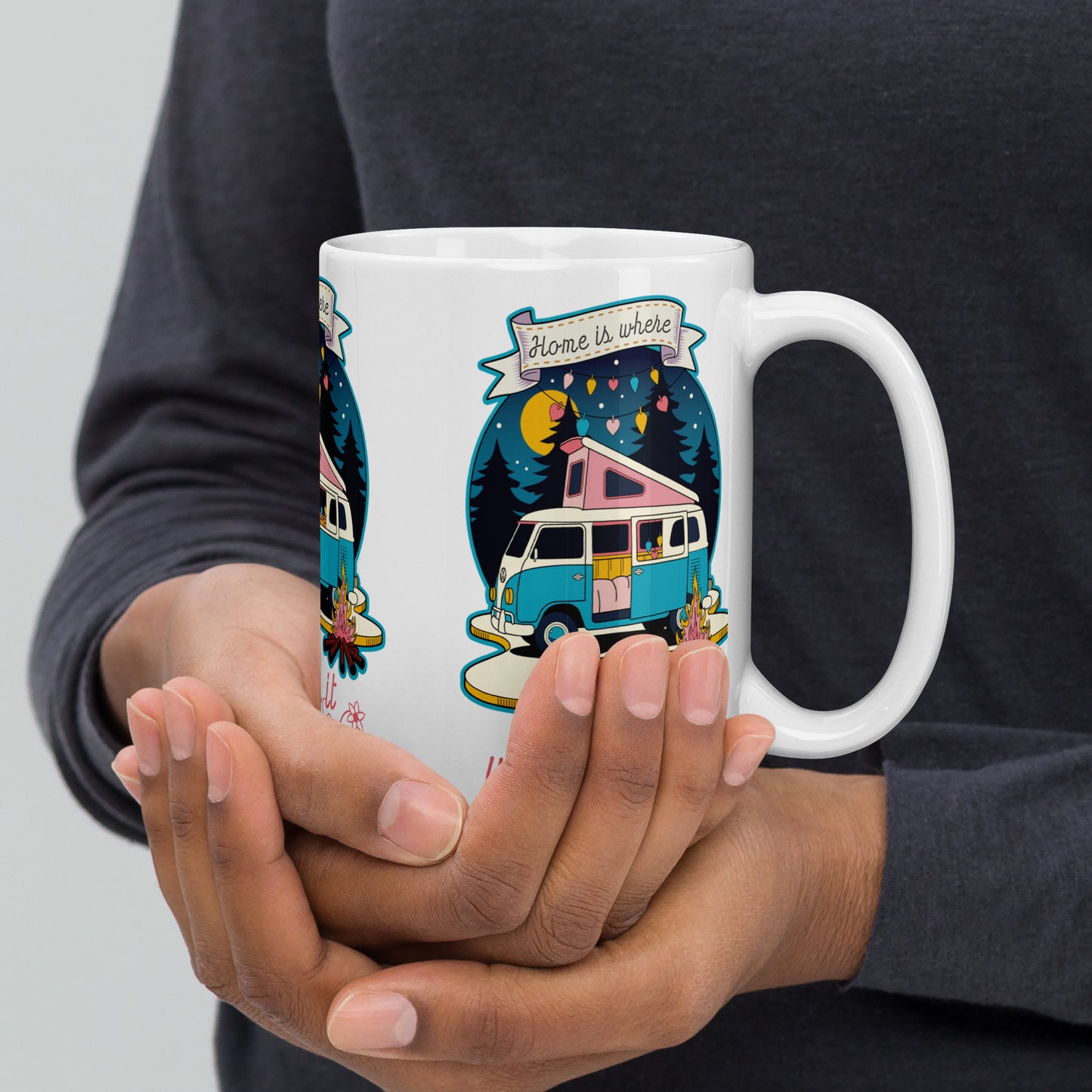 Home Is Where We Park It - Retro Camper Van Adventure Design glossy mug